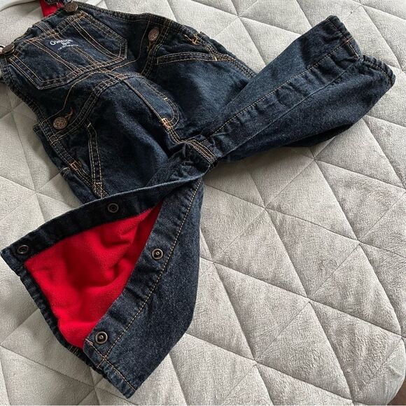 OshKosh B’Gosh Baby Favorite Dark Denim Red Fleece Lined Overalls Size 9 Months - Picture 4 of 6